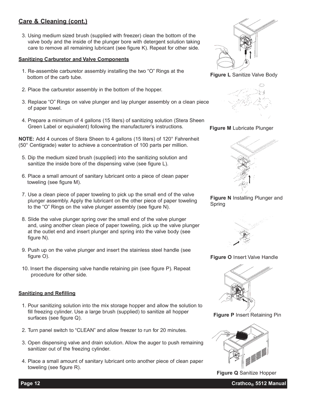 Grindmaster 5512E instruction manual Care & Cleaning, Sanitizing Carburetor and Valve Components, Sanitizing and Refilling 