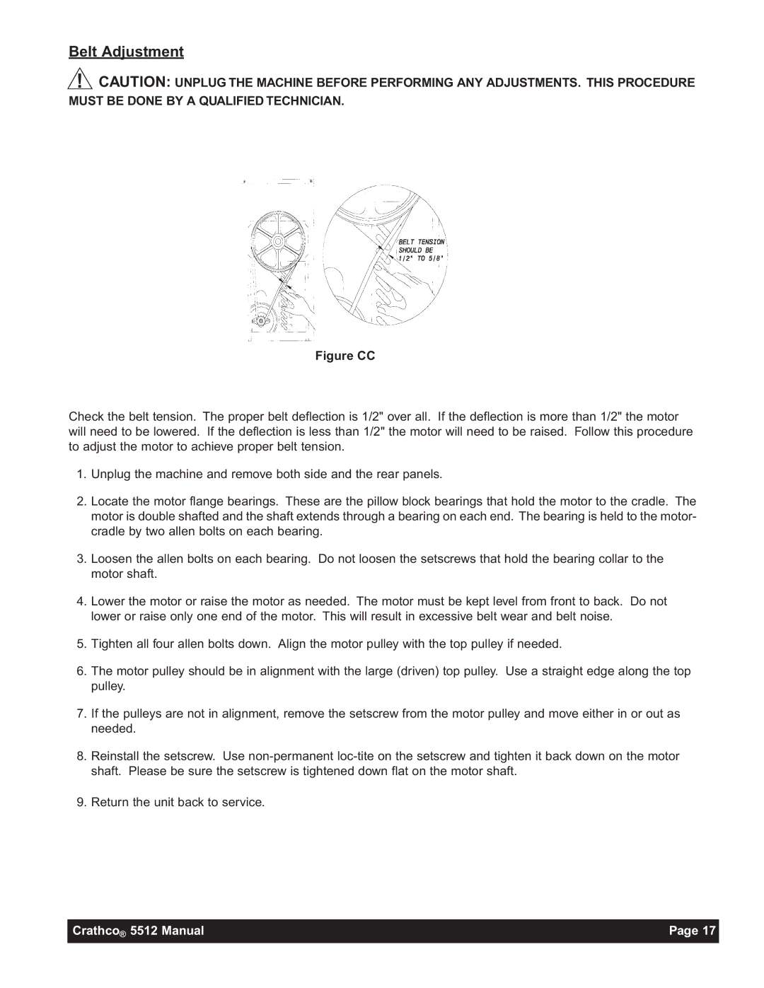 Grindmaster 5512E instruction manual Belt Adjustment, Figure CC 