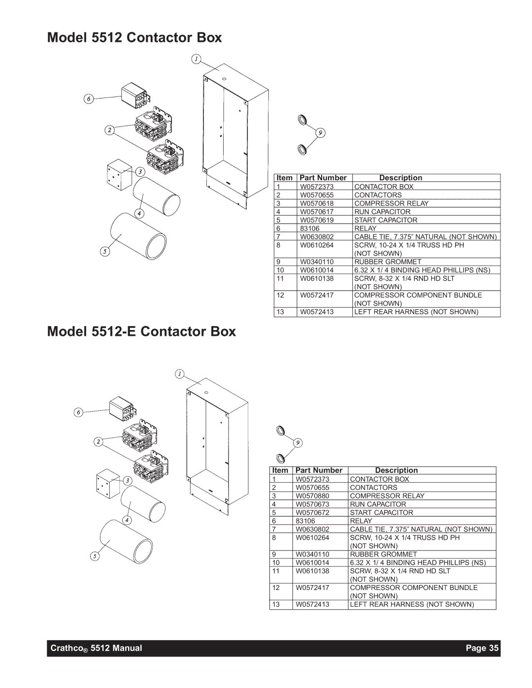 Grindmaster 5512E instruction manual Model 5512 Contactor Box, Model 5512-E Contactor Box 