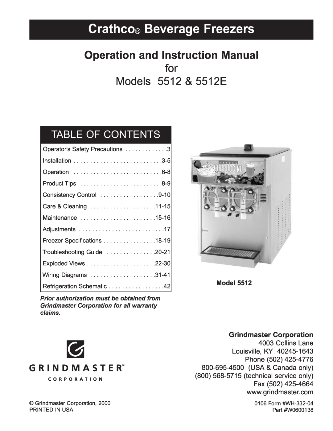 Grindmaster instruction manual Crathco Beverage Freezers, for Models 5512 & 5512E, Table Of Contents 