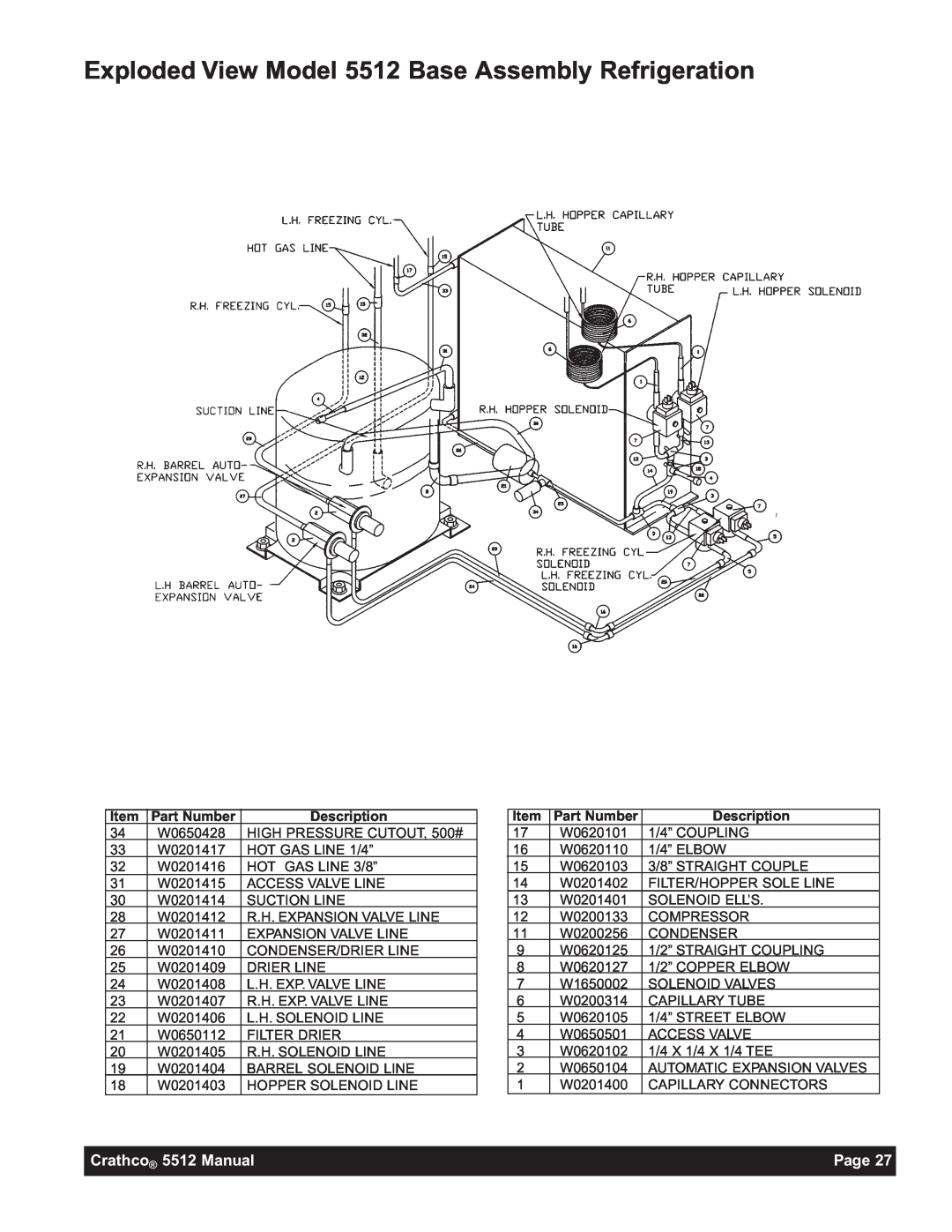 Grindmaster 5512E instruction manual Exploded View Model 5512 Base Assembly Refrigeration, Crathco 5512 Manual, Page 