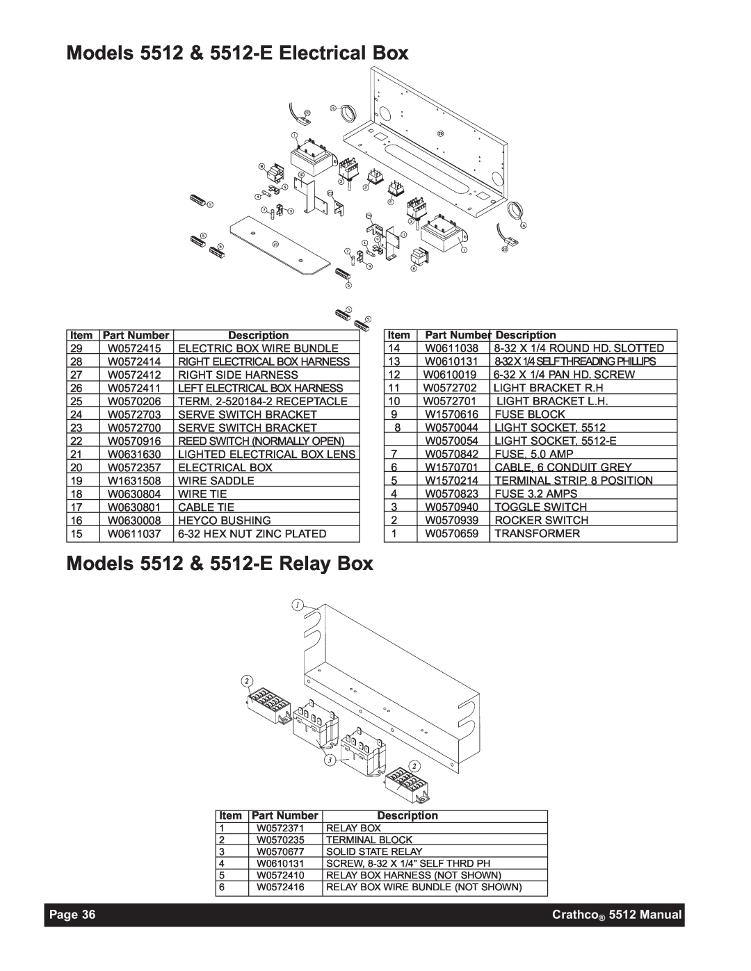 Grindmaster 5512E Models 5512 & 5512-E Electrical Box, Models 5512 & 5512-E Relay Box, Page, Crathco 5512 Manual 