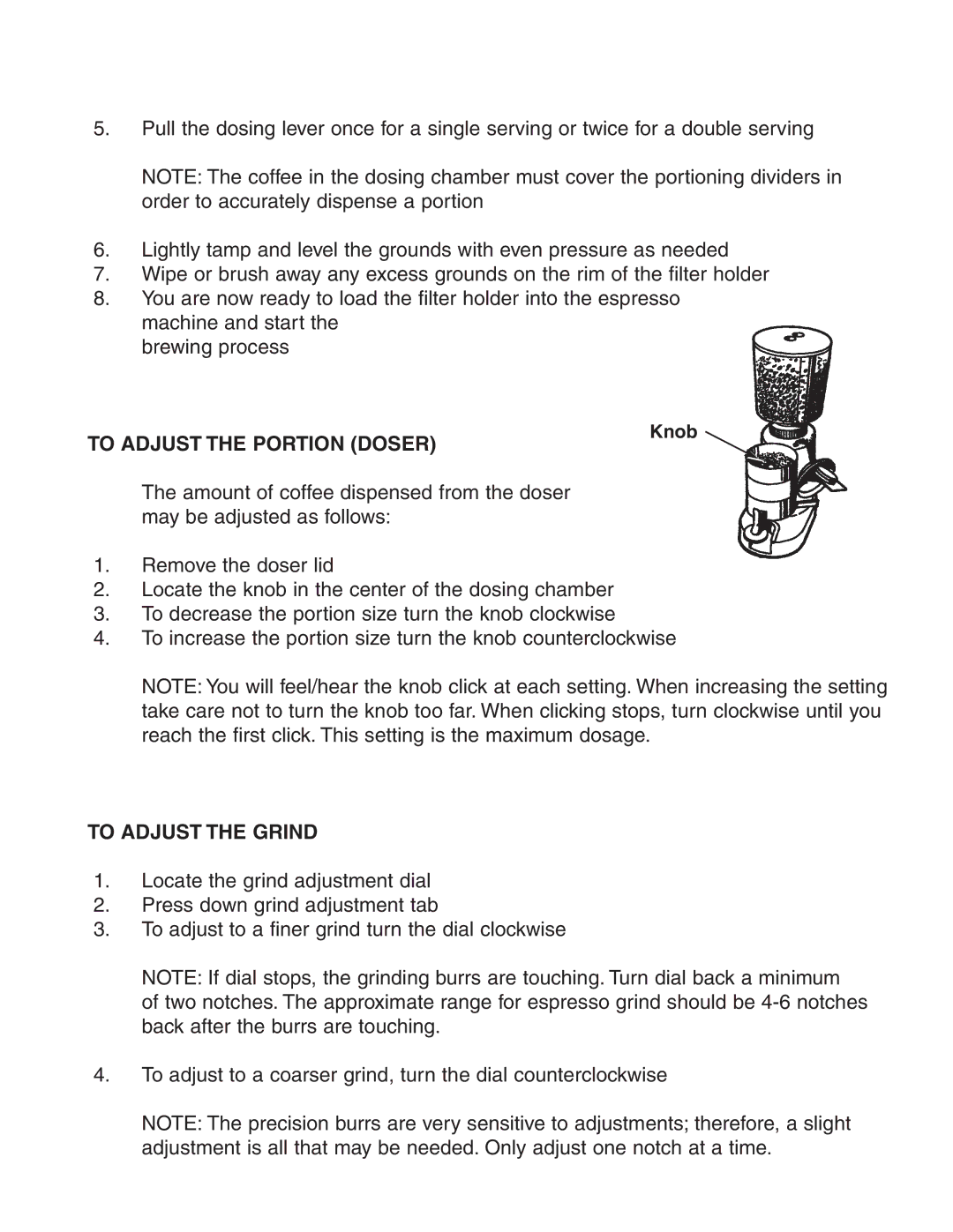 Grindmaster 650, 625 instruction manual To Adjust the Portion Doser, To Adjust the Grind 