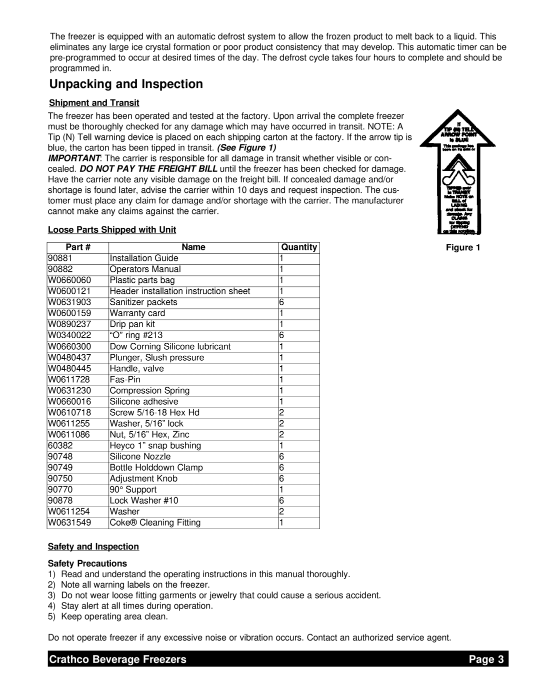 Grindmaster 6321L Unpacking and Inspection, Shipment and Transit, Loose Parts Shipped with Unit Name Quantity 