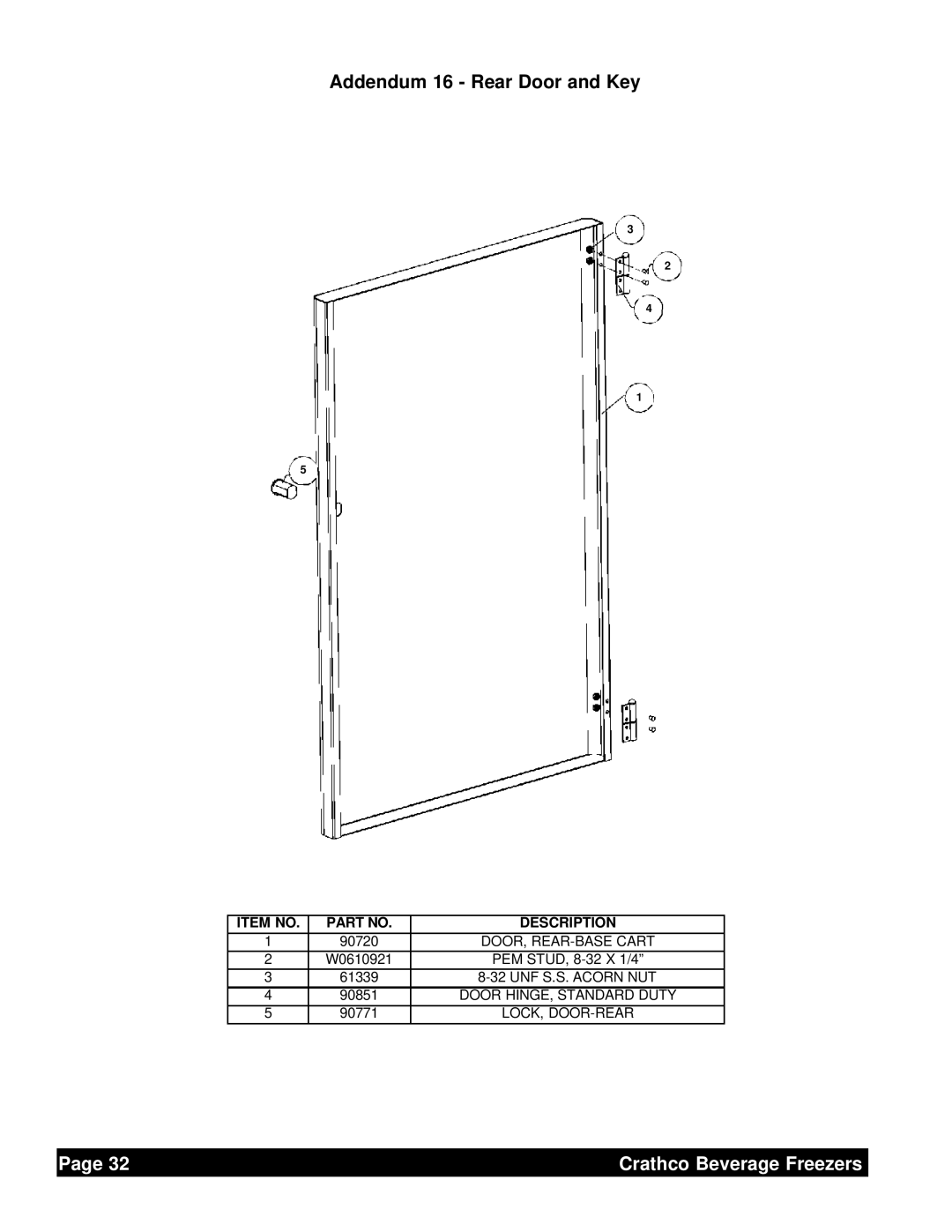 Grindmaster 6321L service manual Addendum 16 Rear Door and Key 