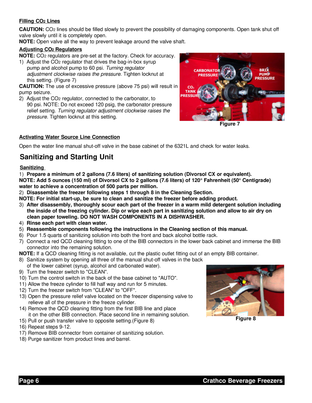 Grindmaster 6321L service manual Sanitizing and Starting Unit, Filling CO2 Lines Adjusting CO2 Regulators 