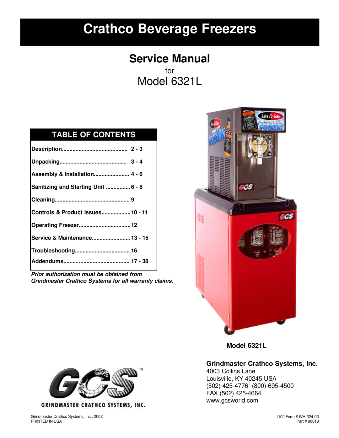 Grindmaster service manual Model 6321L Grindmaster Crathco Systems, Inc, Assembly & Installation, Service Manual, 90818 