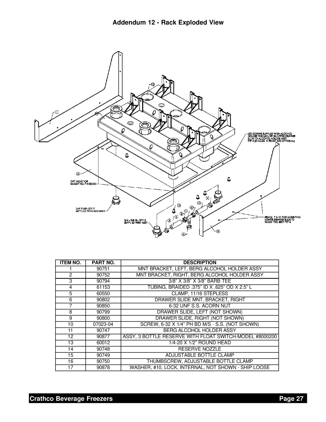 Grindmaster 6321L service manual Addendum 12 - Rack Exploded View, Crathco Beverage Freezers, Page 