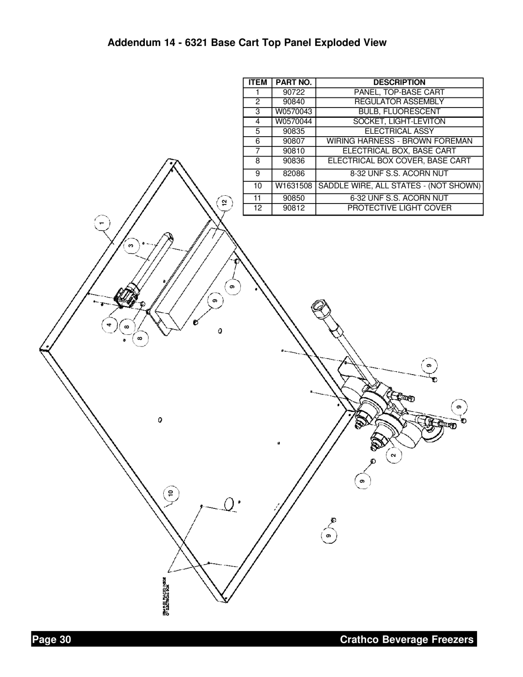 Grindmaster 6321L service manual Addendum 14 - 6321 Base Cart Top Panel Exploded View, Page, Crathco Beverage Freezers 