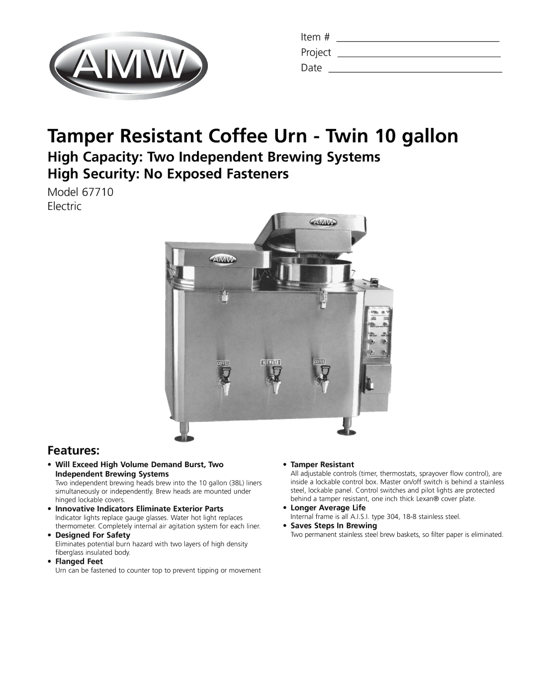 Grindmaster 67710 manual Tamper Resistant Coffee Urn Twin 10 gallon, Features 