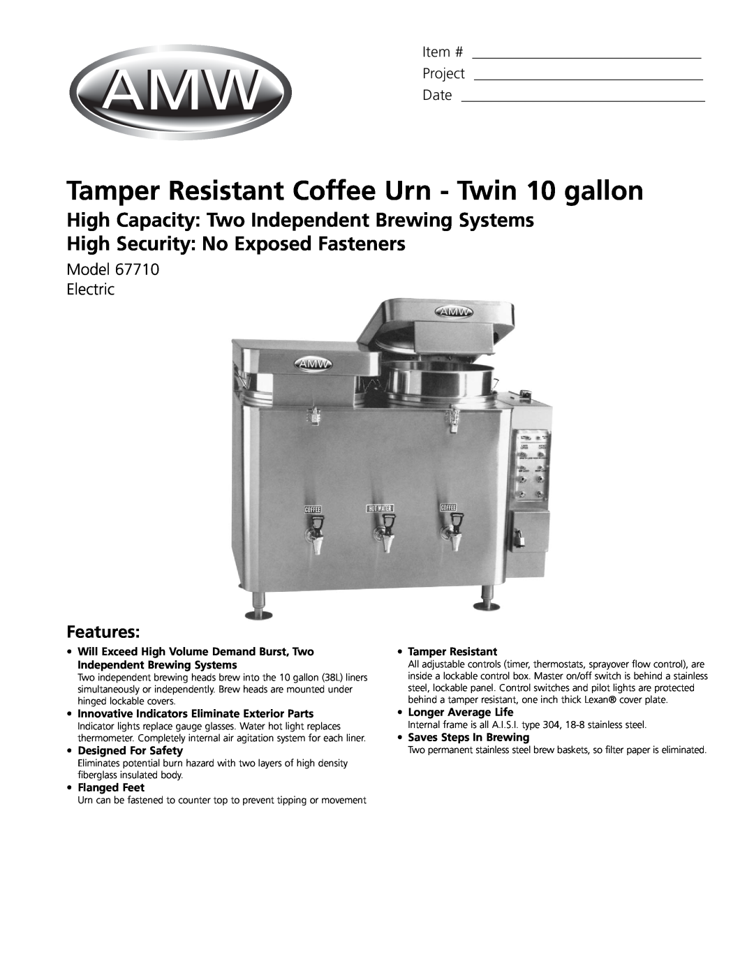 Grindmaster 67710 manual Tamper Resistant Coffee Urn - Twin 10 gallon, High Capacity Two Independent Brewing Systems, Date 