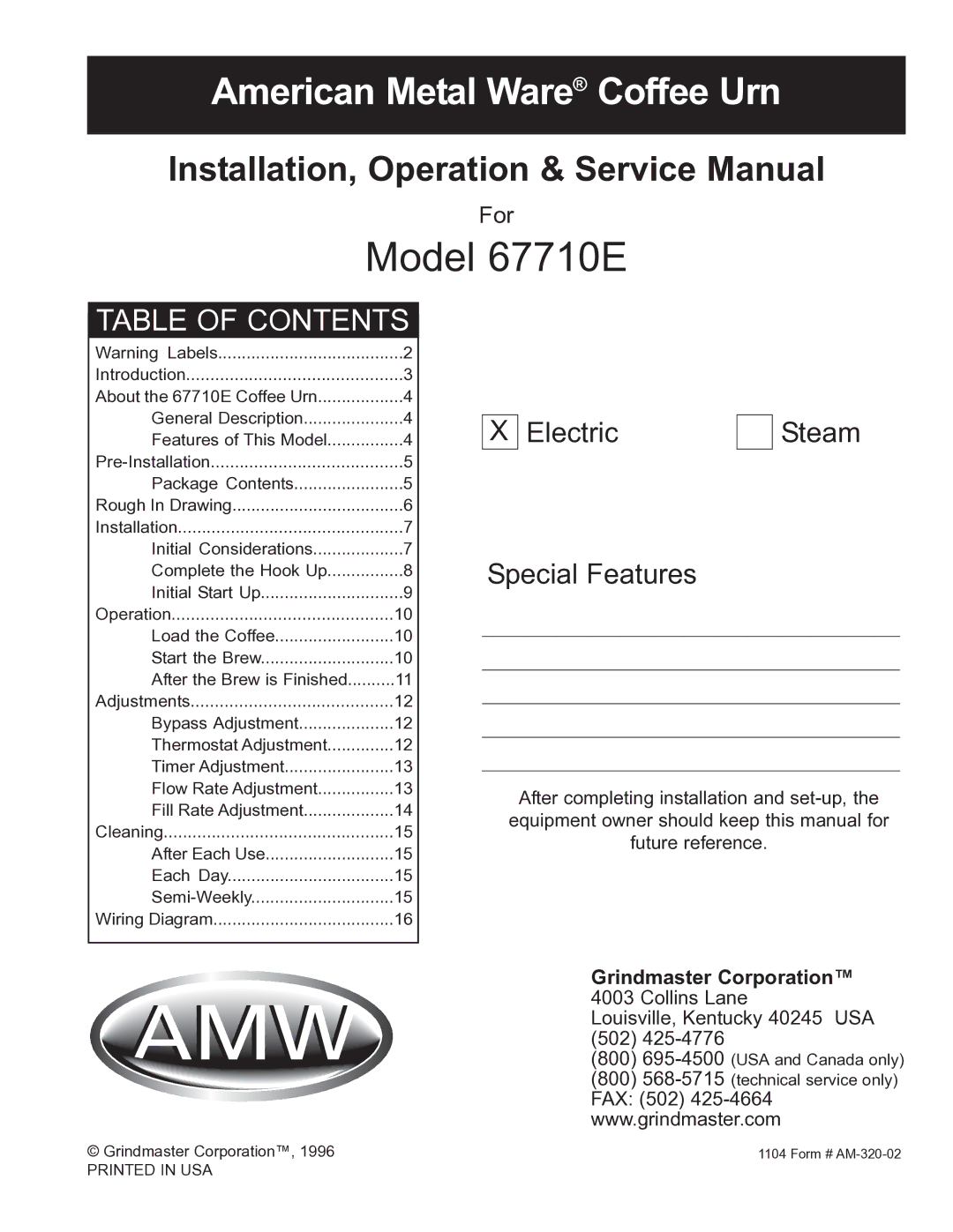 Grindmaster service manual Model 67710E 