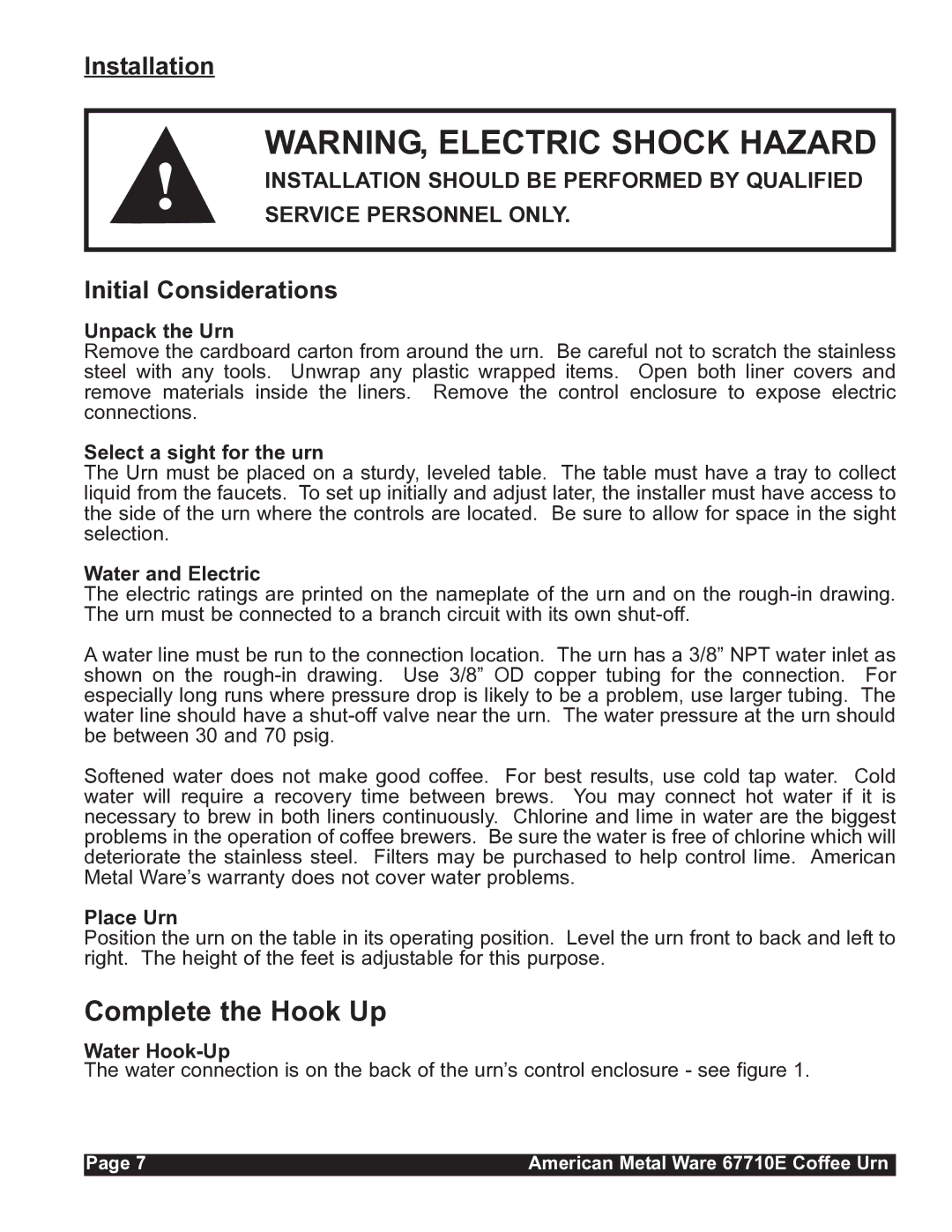 Grindmaster 67710E service manual Installation, Initial Considerations 