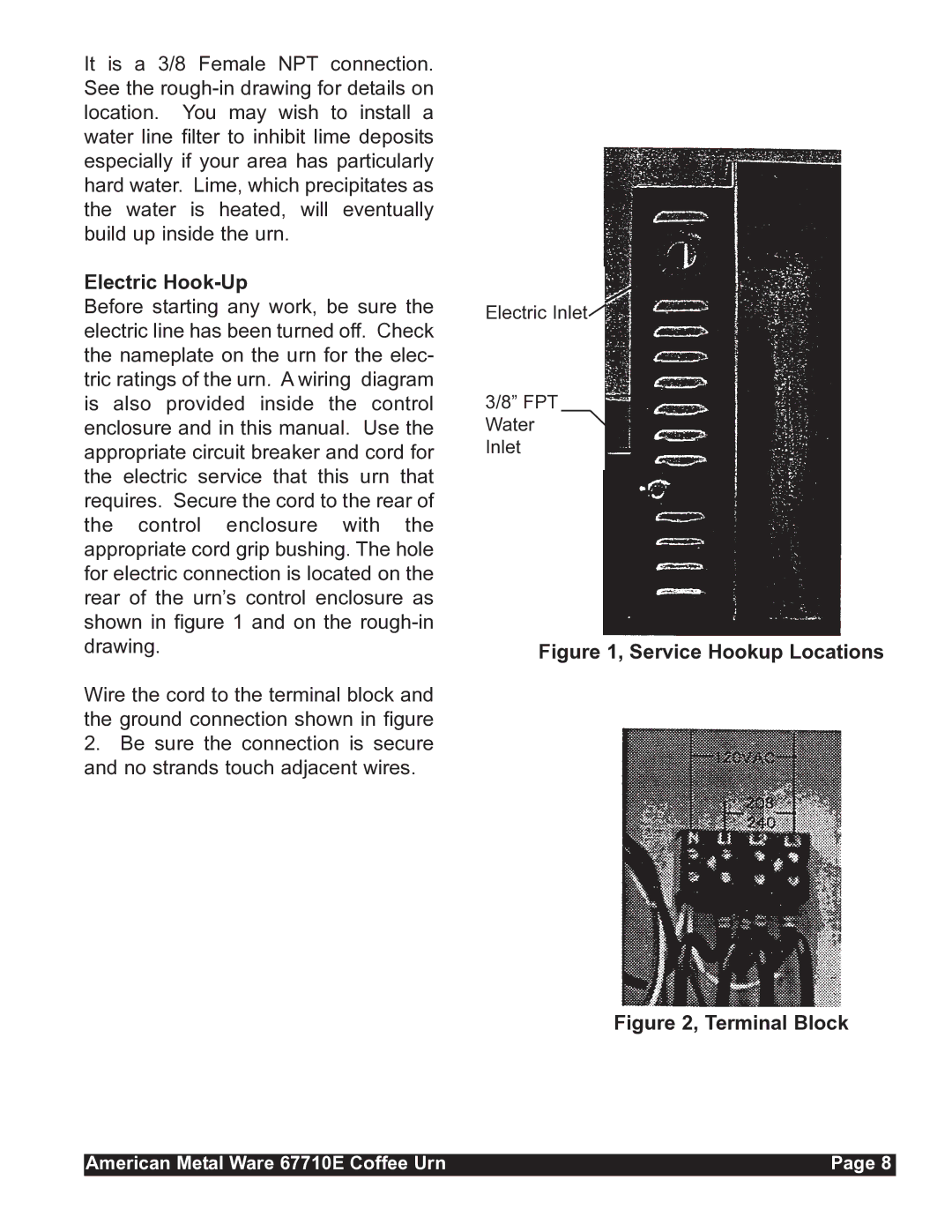 Grindmaster 67710E service manual Electric Hook-Up, Service Hookup Locations 