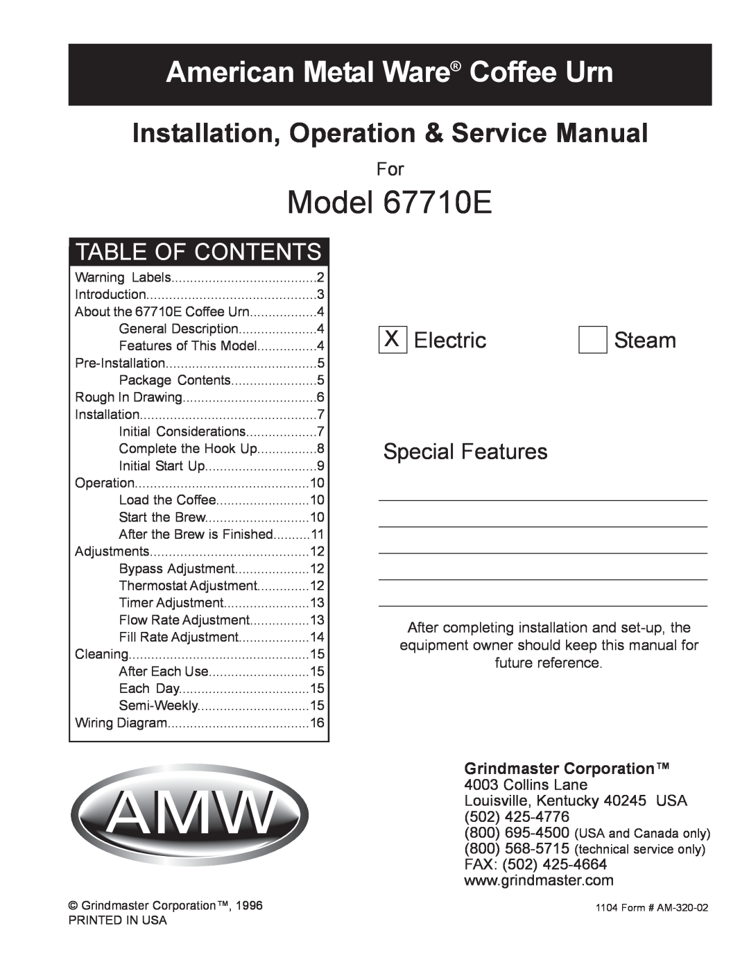 Grindmaster service manual Grindmaster Corporation, Model 67710E, American Metal Ware Coffee Urn, Table Of Contents 