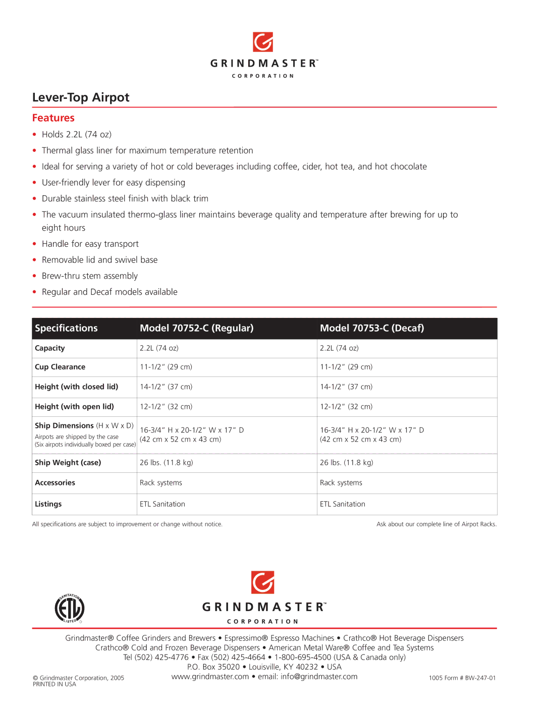 Grindmaster manual Lever-Top Airpot, Features, Specifications Model 70752-C Regular Model 70753-C Decaf 