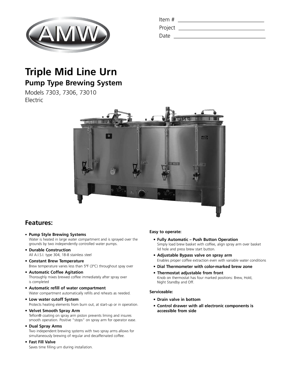 Grindmaster 7303, 7306, 73010 manual Triple Mid Line Urn, Pump Type Brewing System 