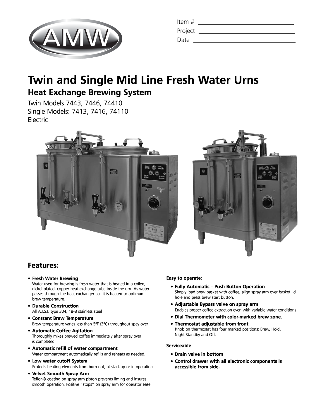Grindmaster 74110 manual Twin and Single Mid Line Fresh Water Urns, Heat Exchange Brewing System, Features, Twin Models 