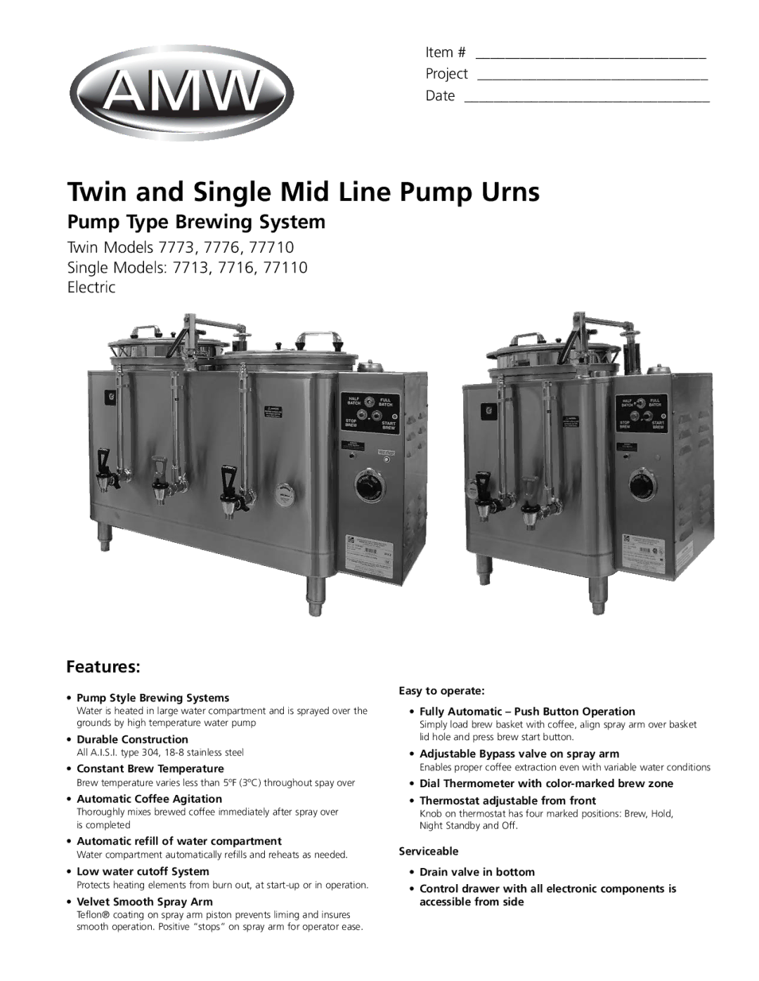 Grindmaster 7773, 7776, 77710, 7713, 7716, 77110 manual Twin and Single Mid Line Pump Urns 