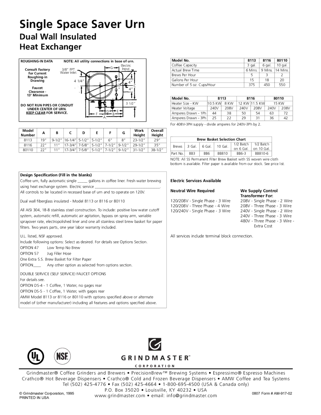 Grindmaster 80110, 8116 manual ROUGHING-IN Data, Under Center of URN Keep Clear for Service 