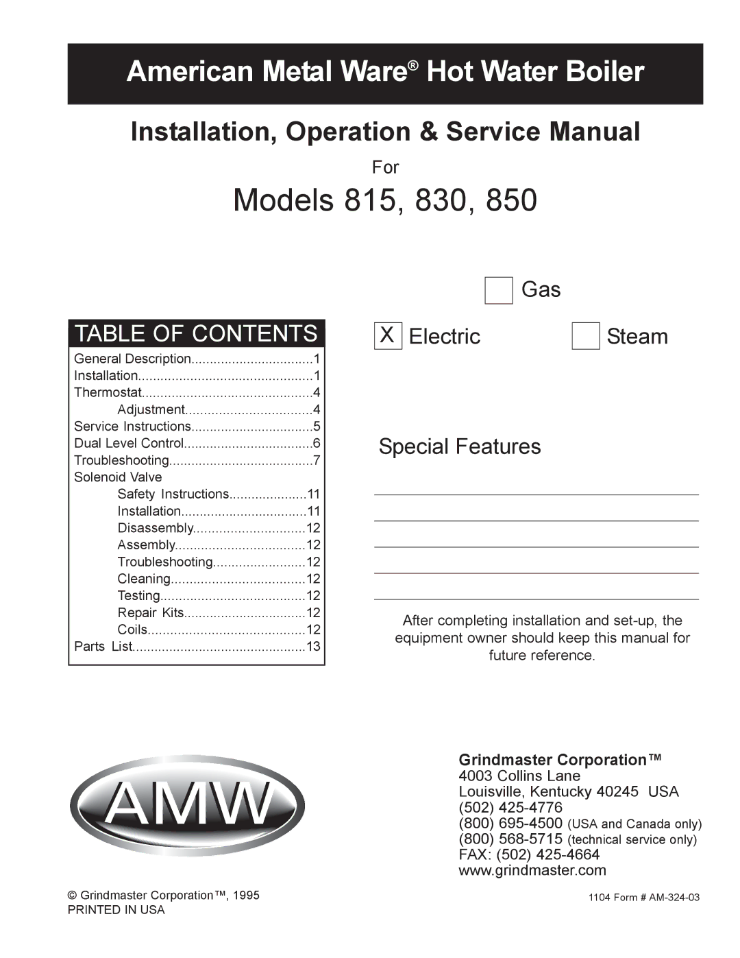 Grindmaster 850 service manual Models 815, 830 