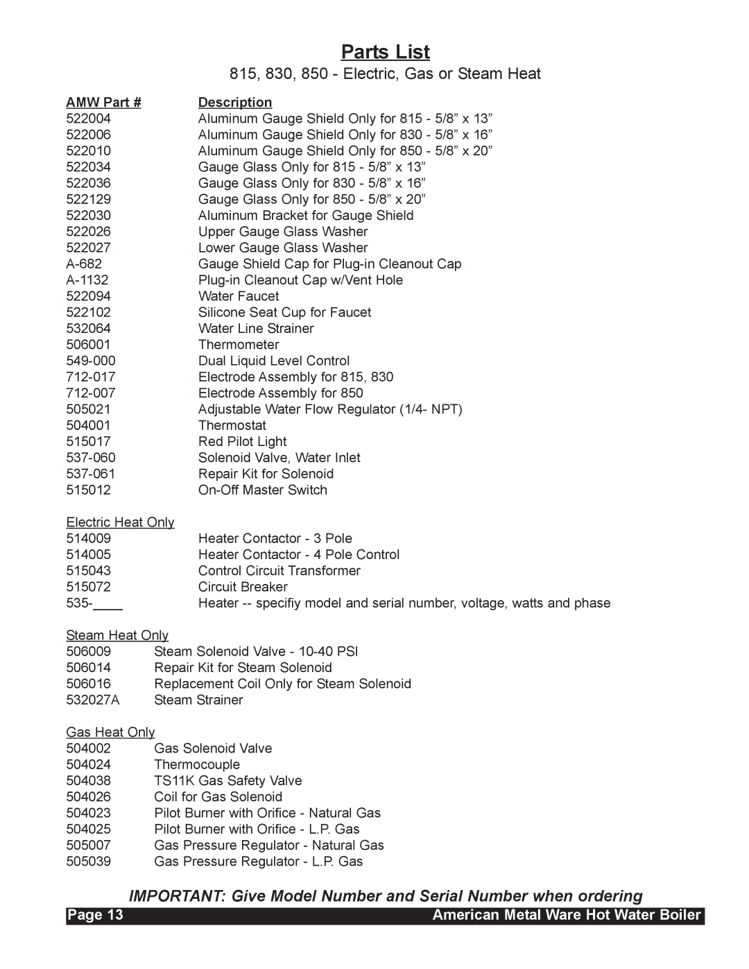 Grindmaster service manual Parts List, 815, 830, 850 Electric, Gas or Steam Heat 