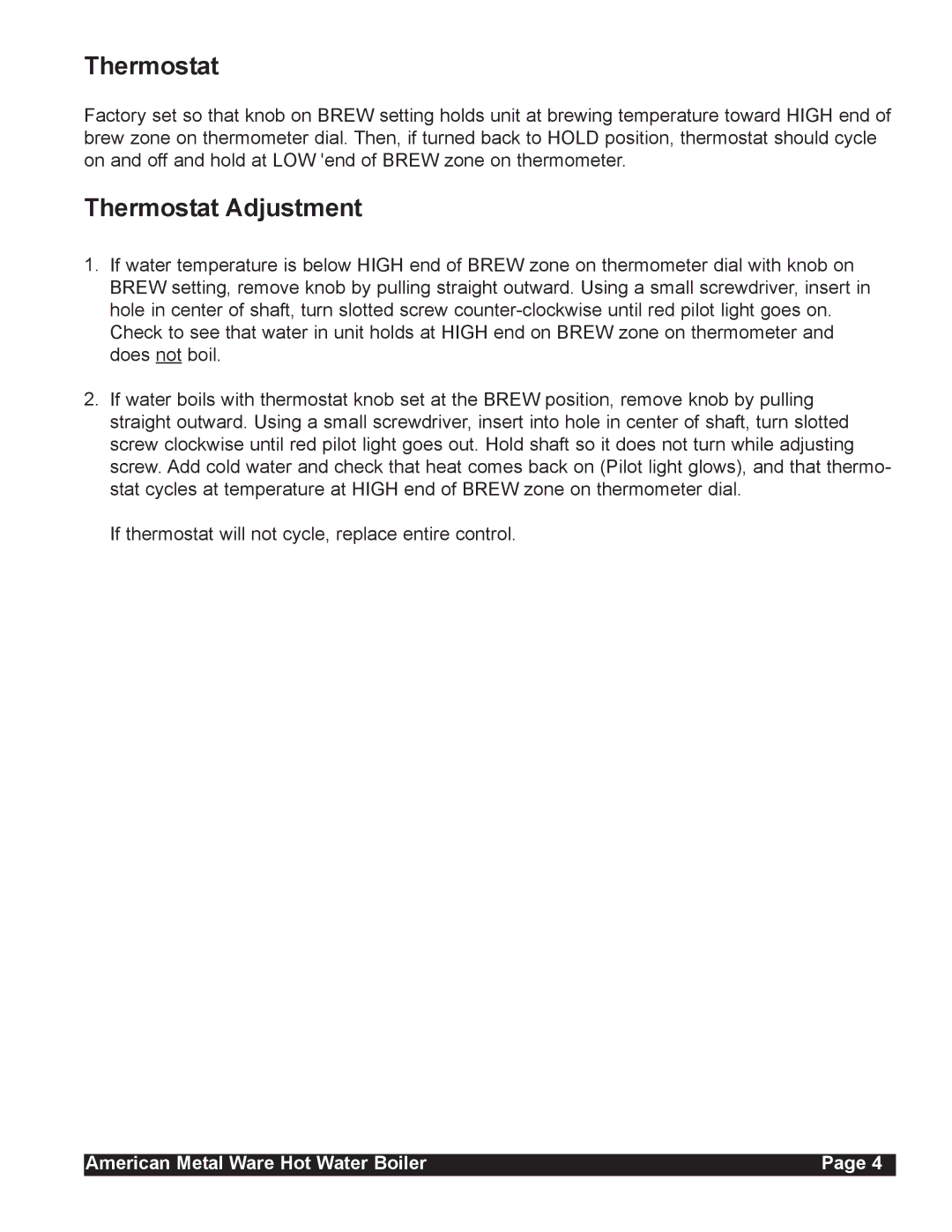 Grindmaster 850, 815, 830 service manual Thermostat Adjustment 