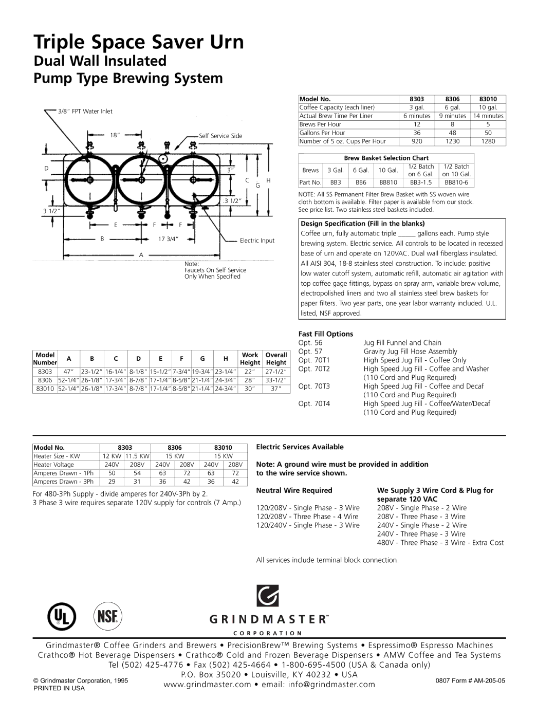 Grindmaster 83010, 8303, 8306 Fast Fill Options, Design Specification Fill in the blanks, Three Phase Wire Extra Cost 