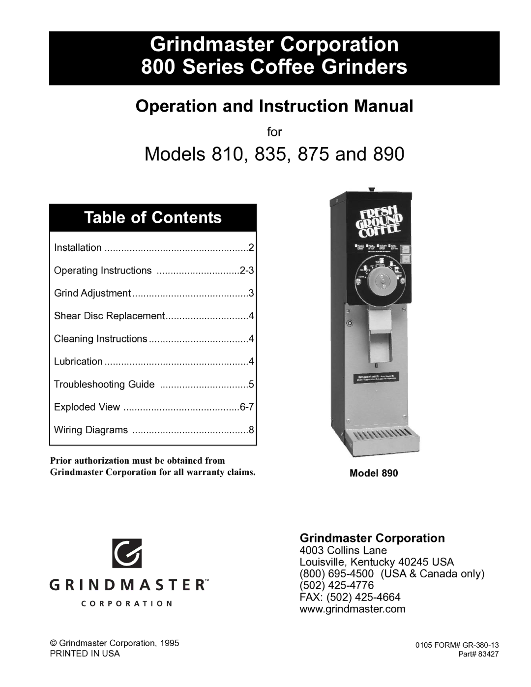 Grindmaster 890, 835, 810, 875 instruction manual Grindmaster Corporation Series Coffee Grinders 