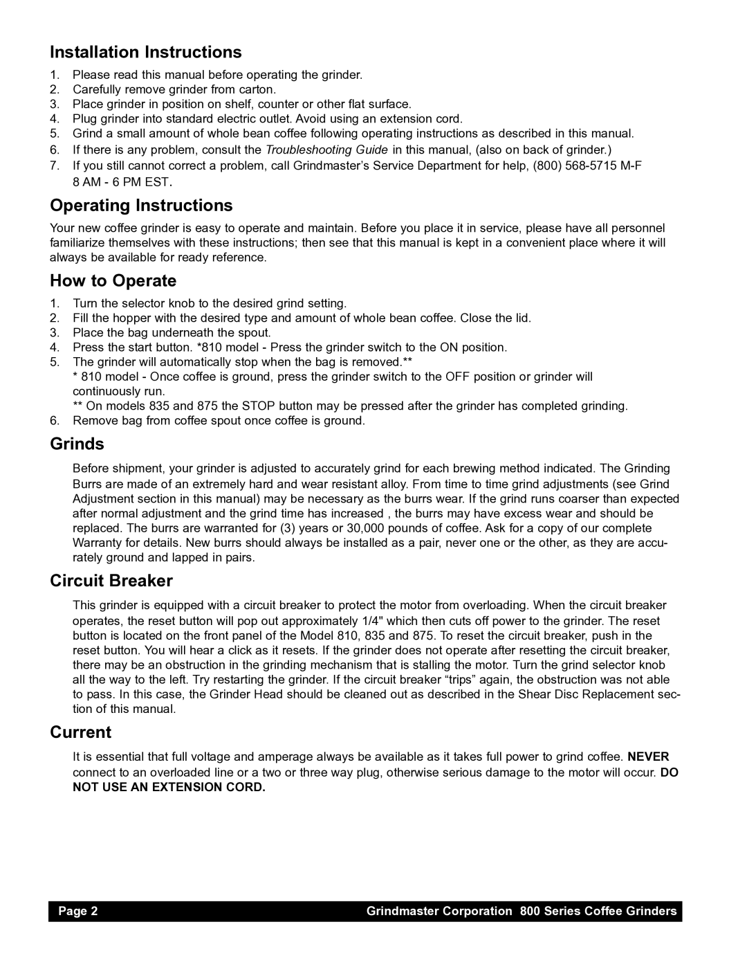 Grindmaster 810, 835 Installation Instructions, Operating Instructions, How to Operate, Grinds, Circuit Breaker, Current 