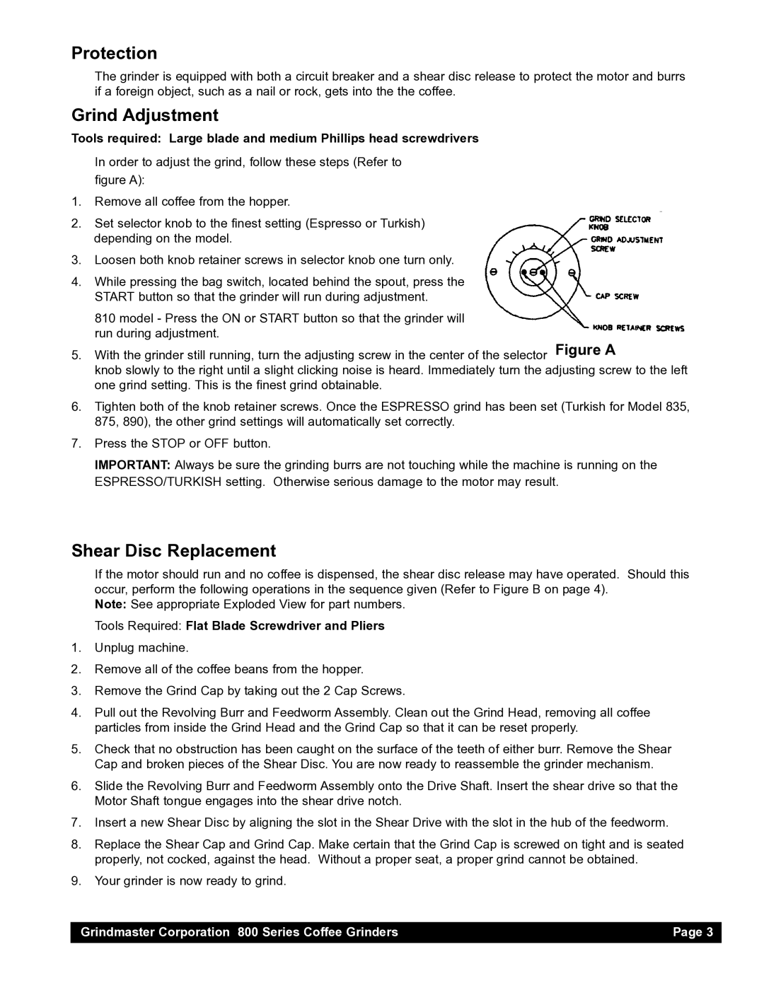 Grindmaster 875, 835, 890, 810 instruction manual Protection, Grind Adjustment, Shear Disc Replacement 