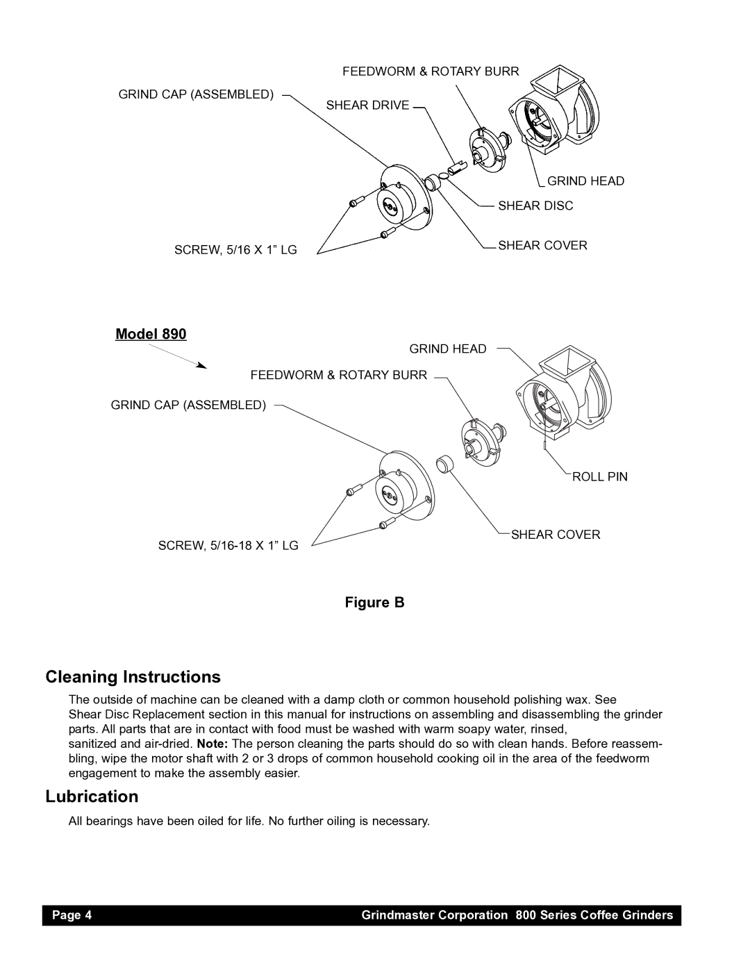 Grindmaster 835, 890, 810, 875 instruction manual Cleaning Instructions, Lubrication 