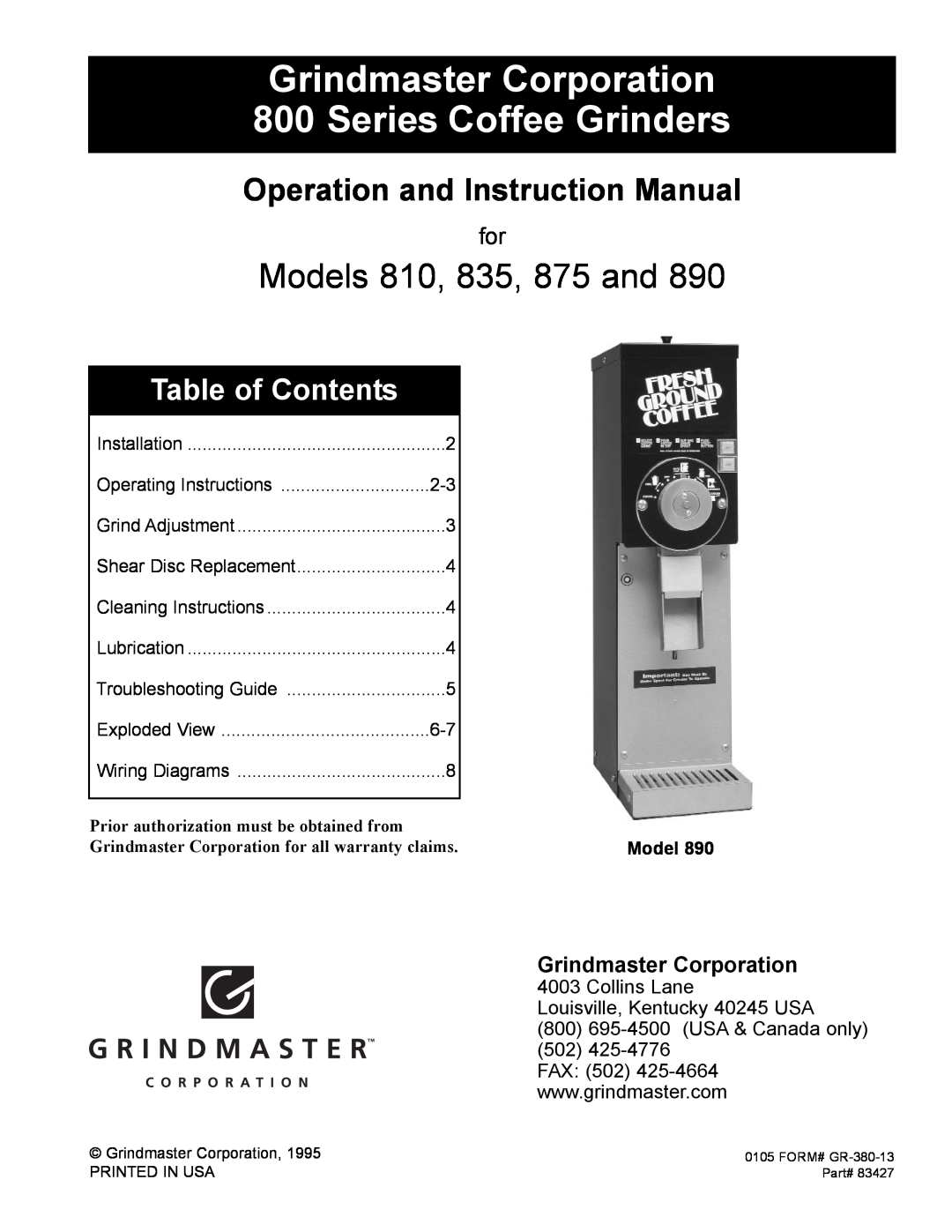 Grindmaster 890 instruction manual Grindmaster Corporation, Series Coffee Grinders, Models 810, 835, 875 and 