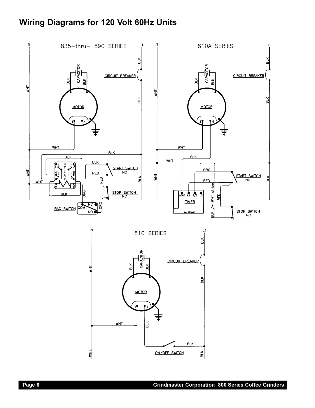 Grindmaster 835, 890, 810, 875 instruction manual Wiring Diagrams for 120 Volt 60Hz Units, Page 