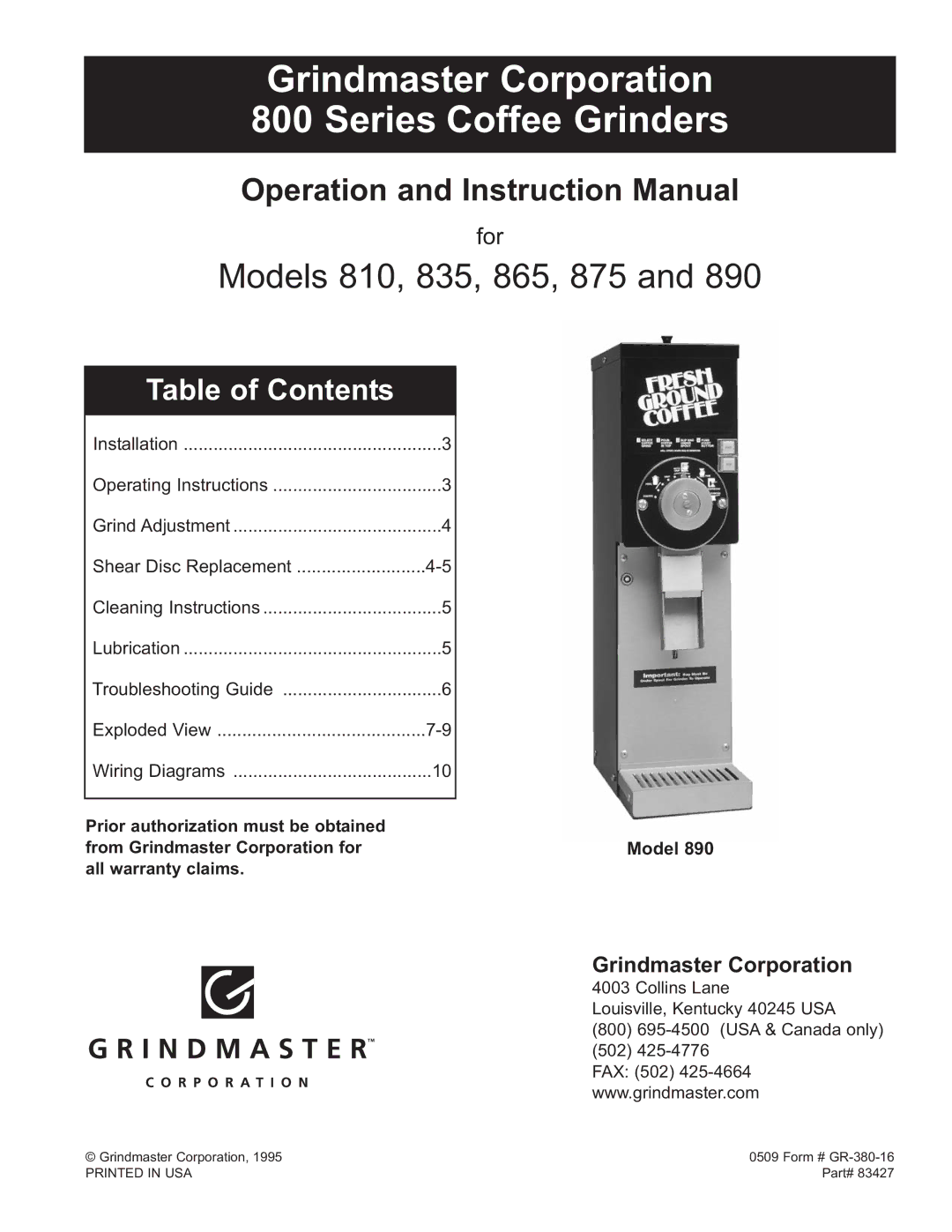 Grindmaster 865 instruction manual Grindmaster Corporation Series Coffee Grinders 