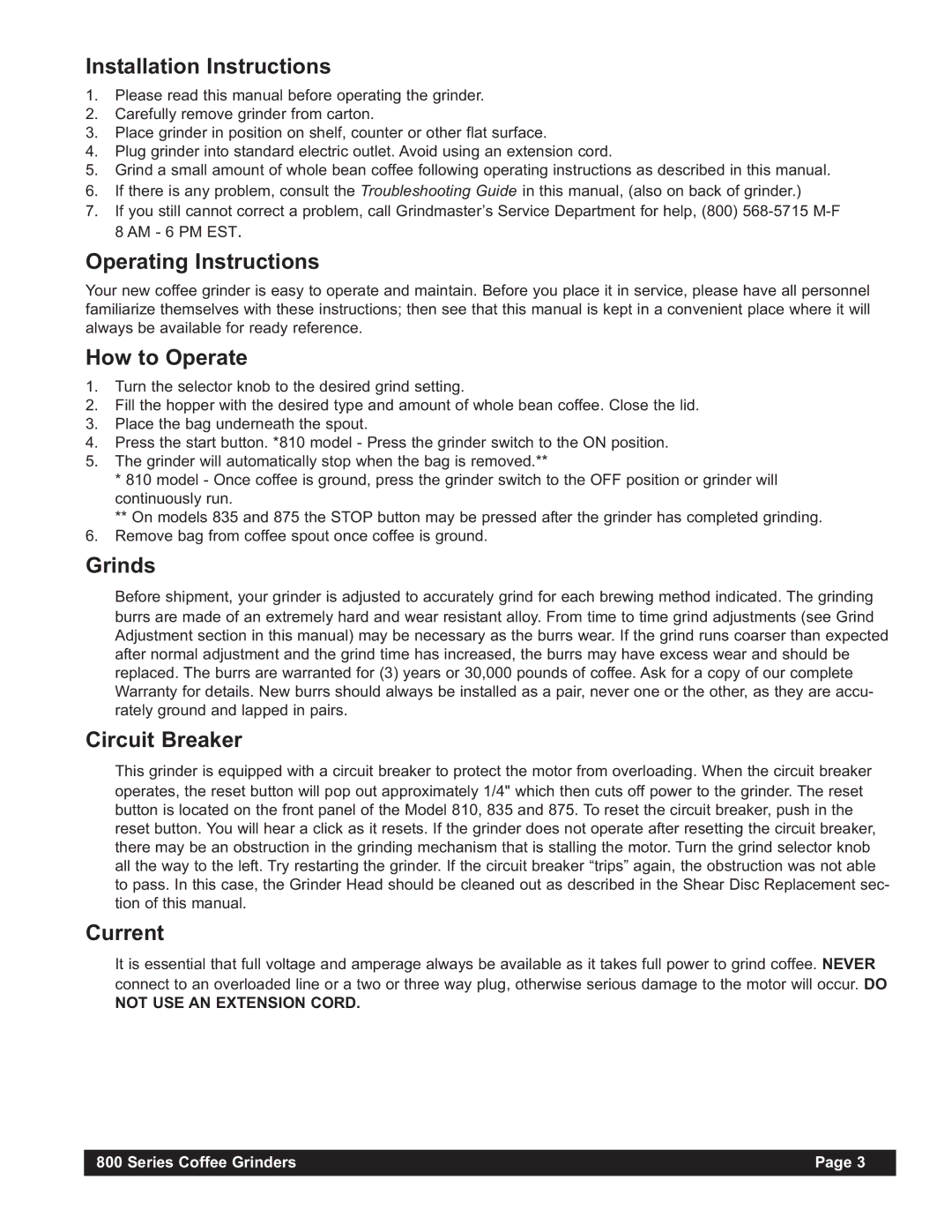 Grindmaster 865 Installation Instructions, Operating Instructions, How to Operate, Grinds, Circuit Breaker, Current 