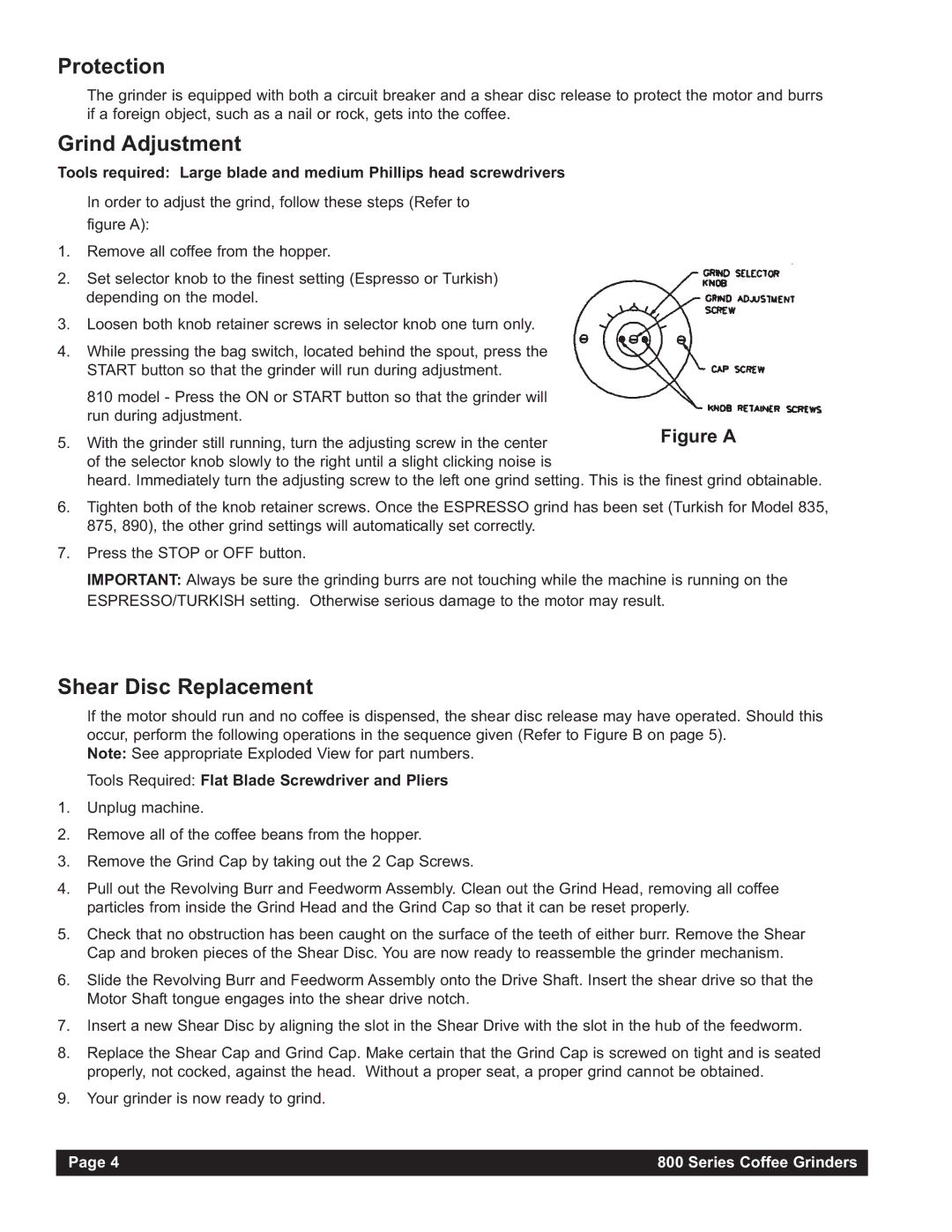 Grindmaster 865 instruction manual Protection, Grind Adjustment, Shear Disc Replacement 