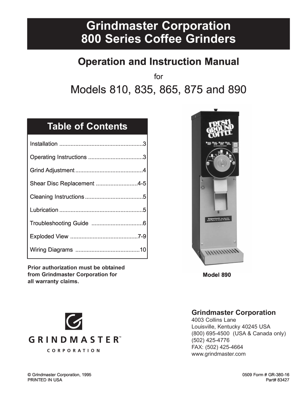 Grindmaster instruction manual Grindmaster Corporation, Series Coffee Grinders, Models 810, 835, 865, 875 and 