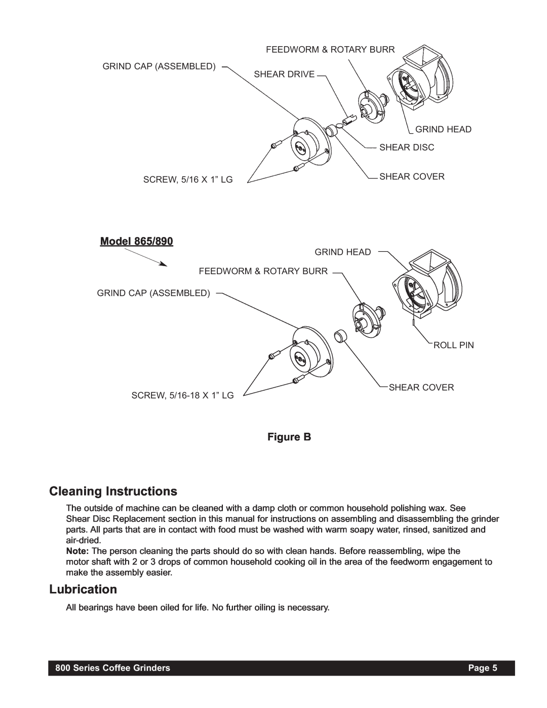 Grindmaster instruction manual Cleaning Instructions, Lubrication, Model 865/890, Figure B, Series Coffee Grinders, Page 