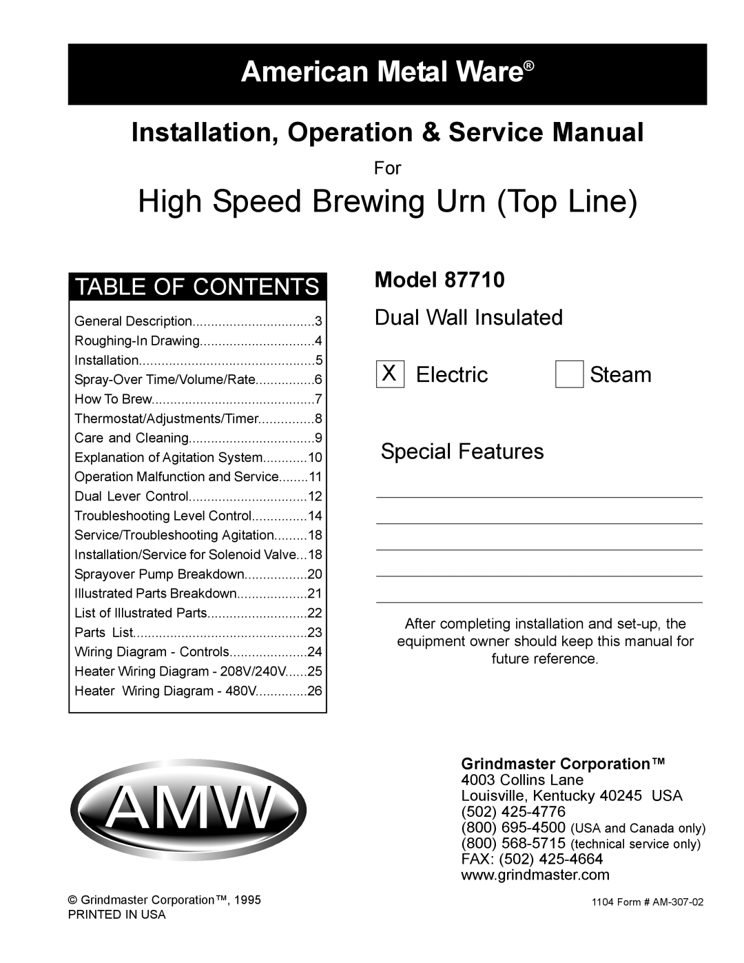 Grindmaster 87710 service manual High Speed Brewing Urn Top Line 