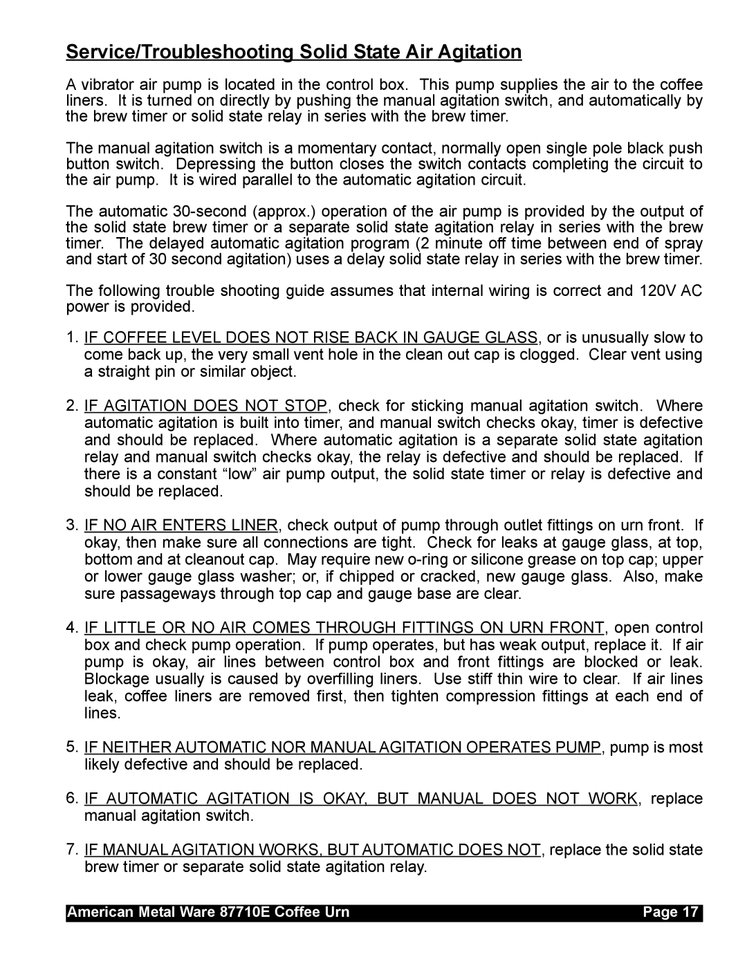 Grindmaster 87710 service manual Service/Troubleshooting Solid State Air Agitation 