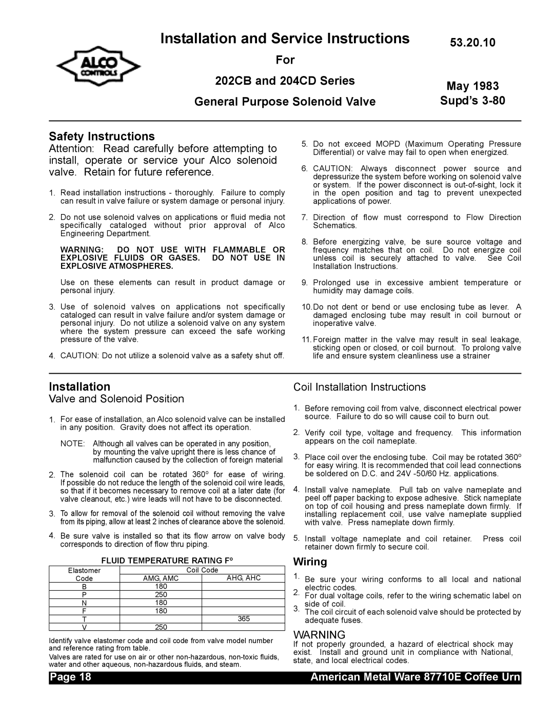 Grindmaster 87710 service manual Installation and Service Instructions, 53.20.10 