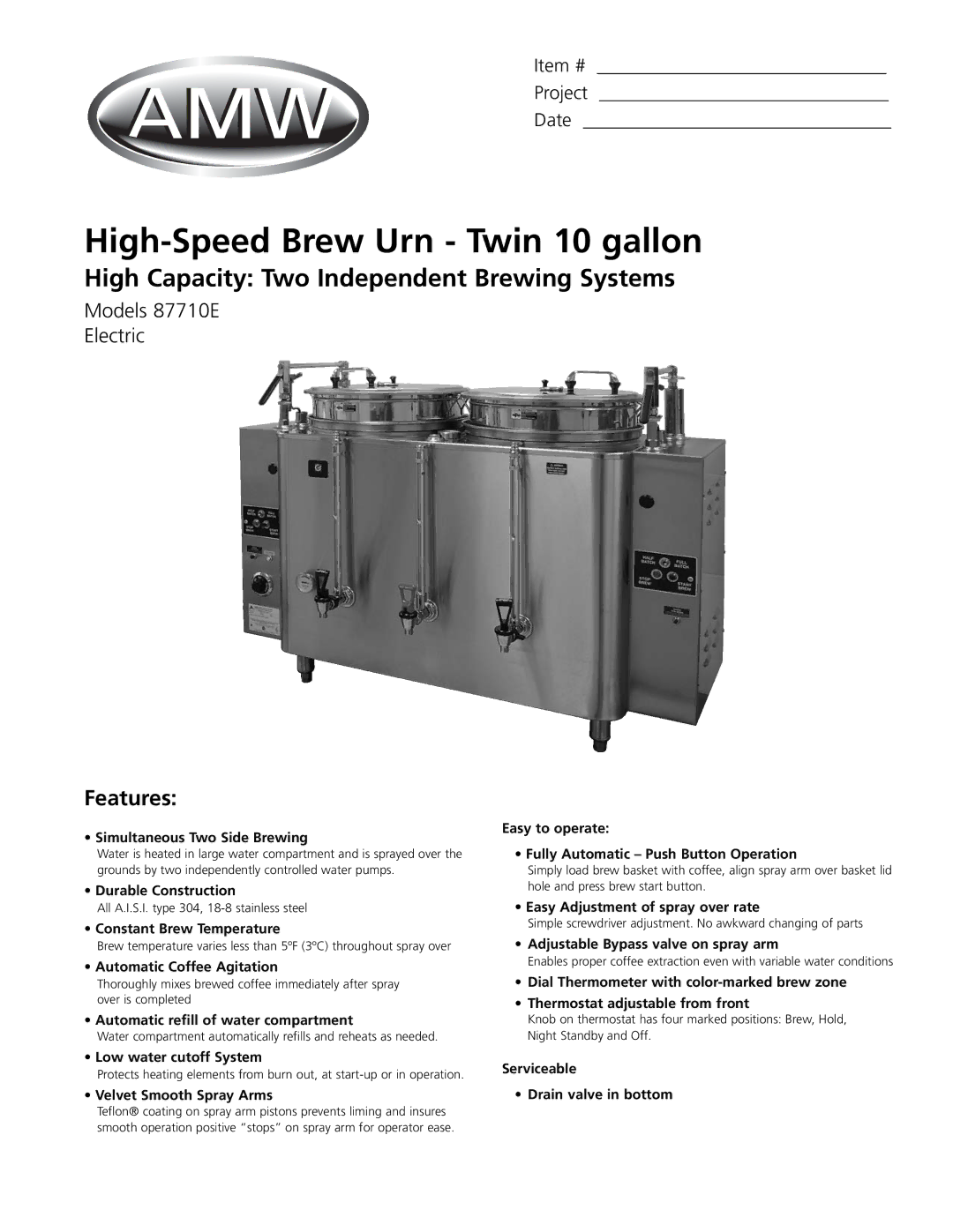 Grindmaster 87710E manual High-Speed Brew Urn Twin 10 gallon, High Capacity Two Independent Brewing Systems 