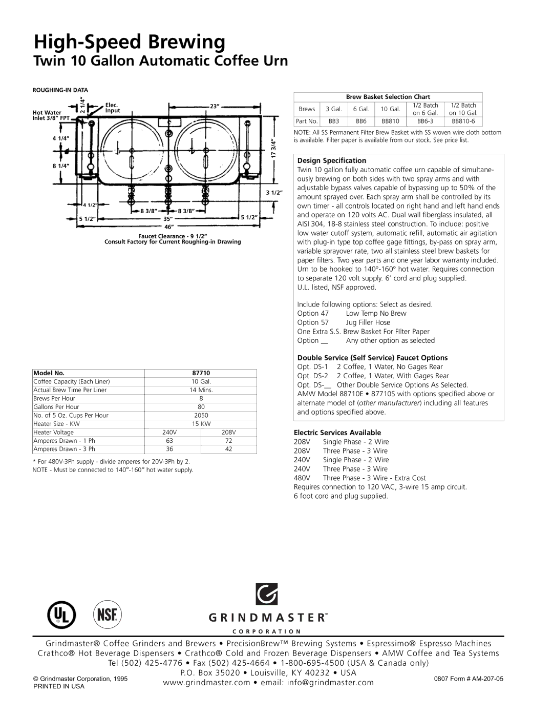 Grindmaster 87710E manual High-Speed Brewing, Twin 10 Gallon Automatic Coffee Urn, Design Specification 