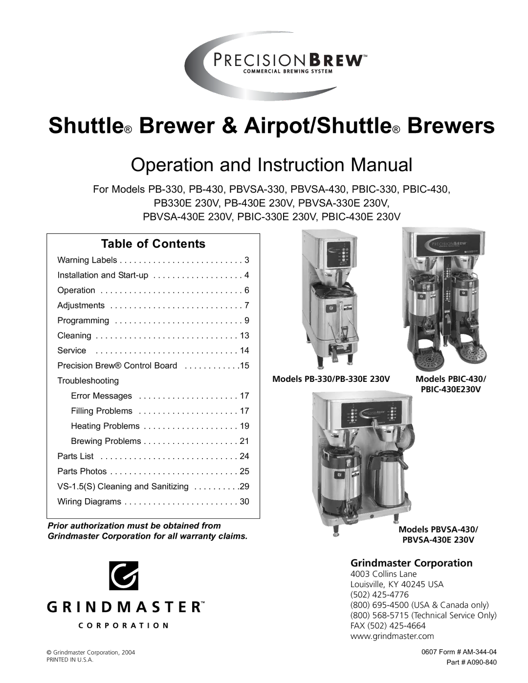 Grindmaster AM-344-04 instruction manual Shuttle Brewer & Airpot/Shuttle Brewers, Table of Contents 