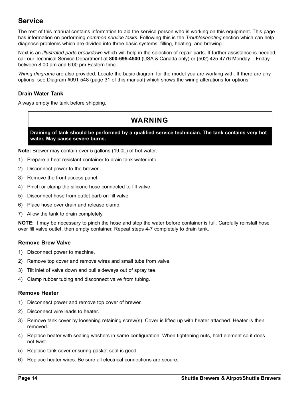 Grindmaster AM-344-04 instruction manual Service, Drain Water Tank, Remove Brew Valve, Remove Heater 