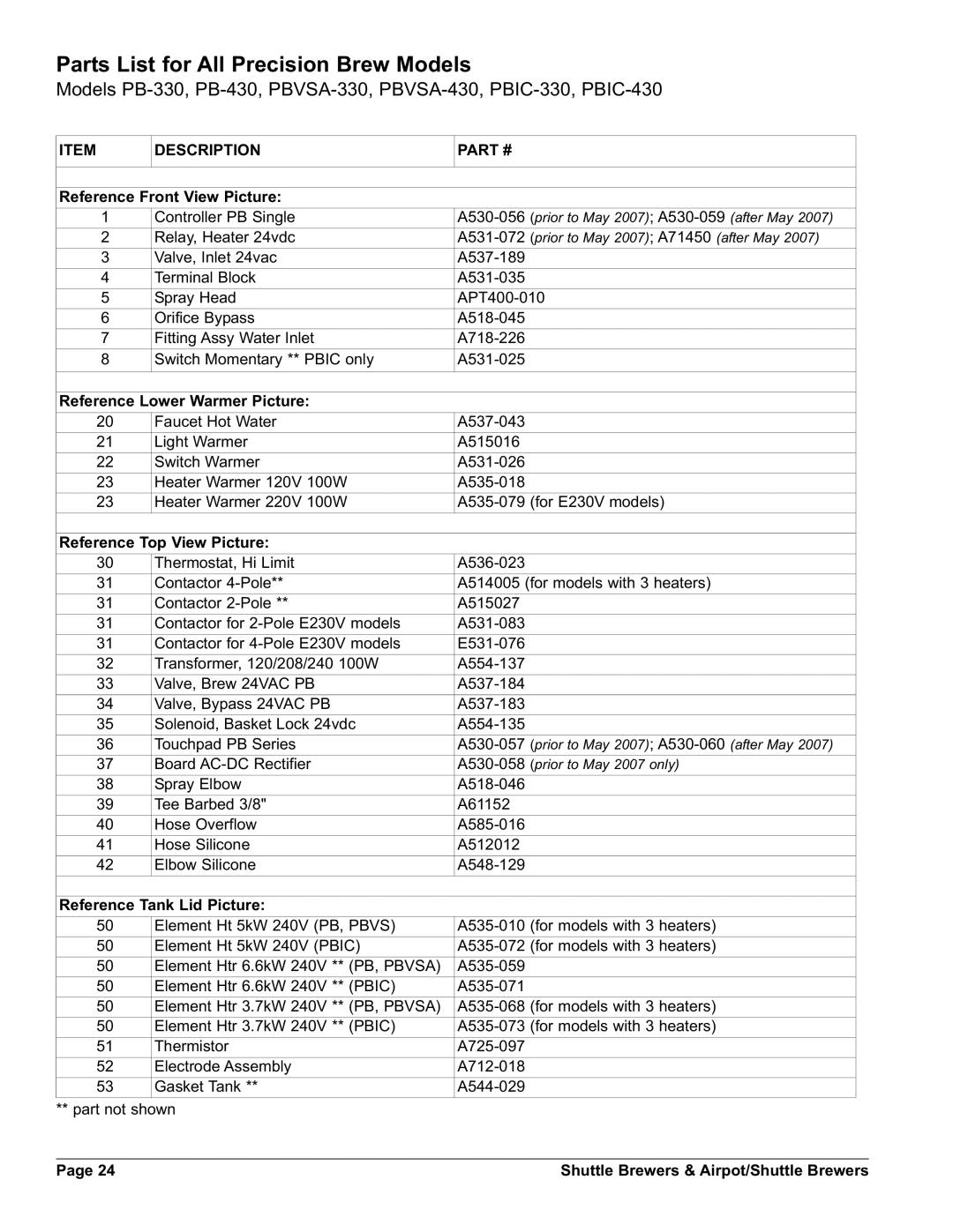 Grindmaster AM-344-04 Parts List for All Precision Brew Models, Reference Front View Picture, Reference Top View Picture 