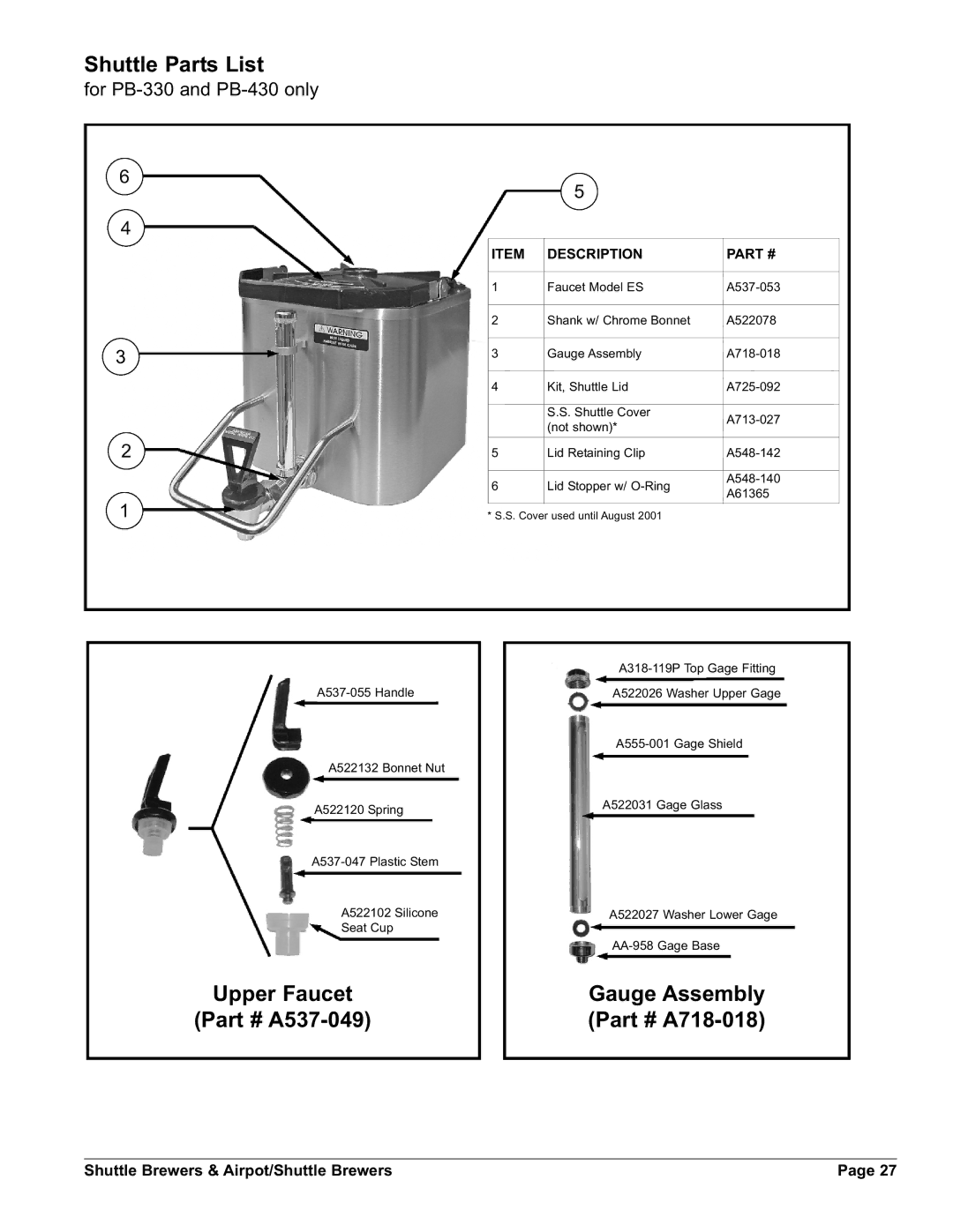 Grindmaster AM-344-04 instruction manual Shuttle Parts List, Upper Faucet A537-049, Gauge Assembly A718-018 