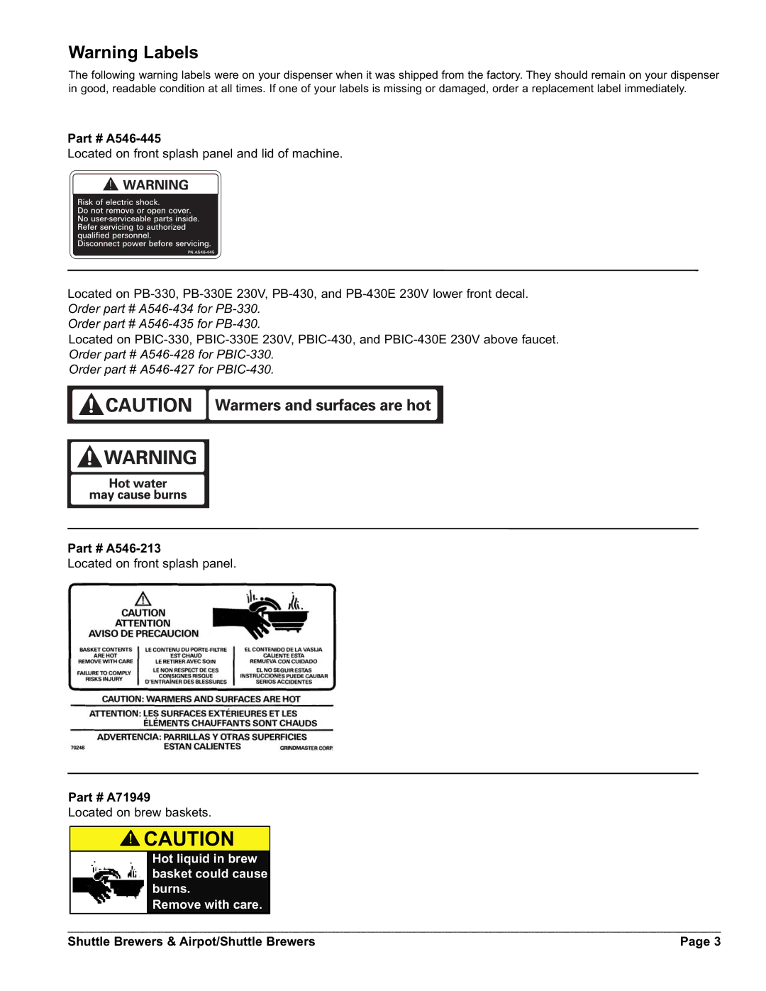 Grindmaster AM-344-04 instruction manual A546-445, A546-213, A71949, Shuttle Brewers & Airpot/Shuttle Brewers 