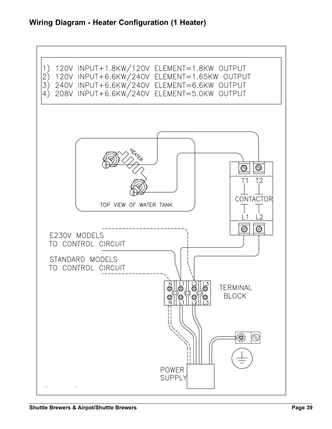 Grindmaster AM-344-04 instruction manual Wiring Diagram Heater Configuration 1 Heater 